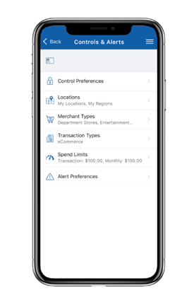 image of mobile app showing Card Controls & Alerts