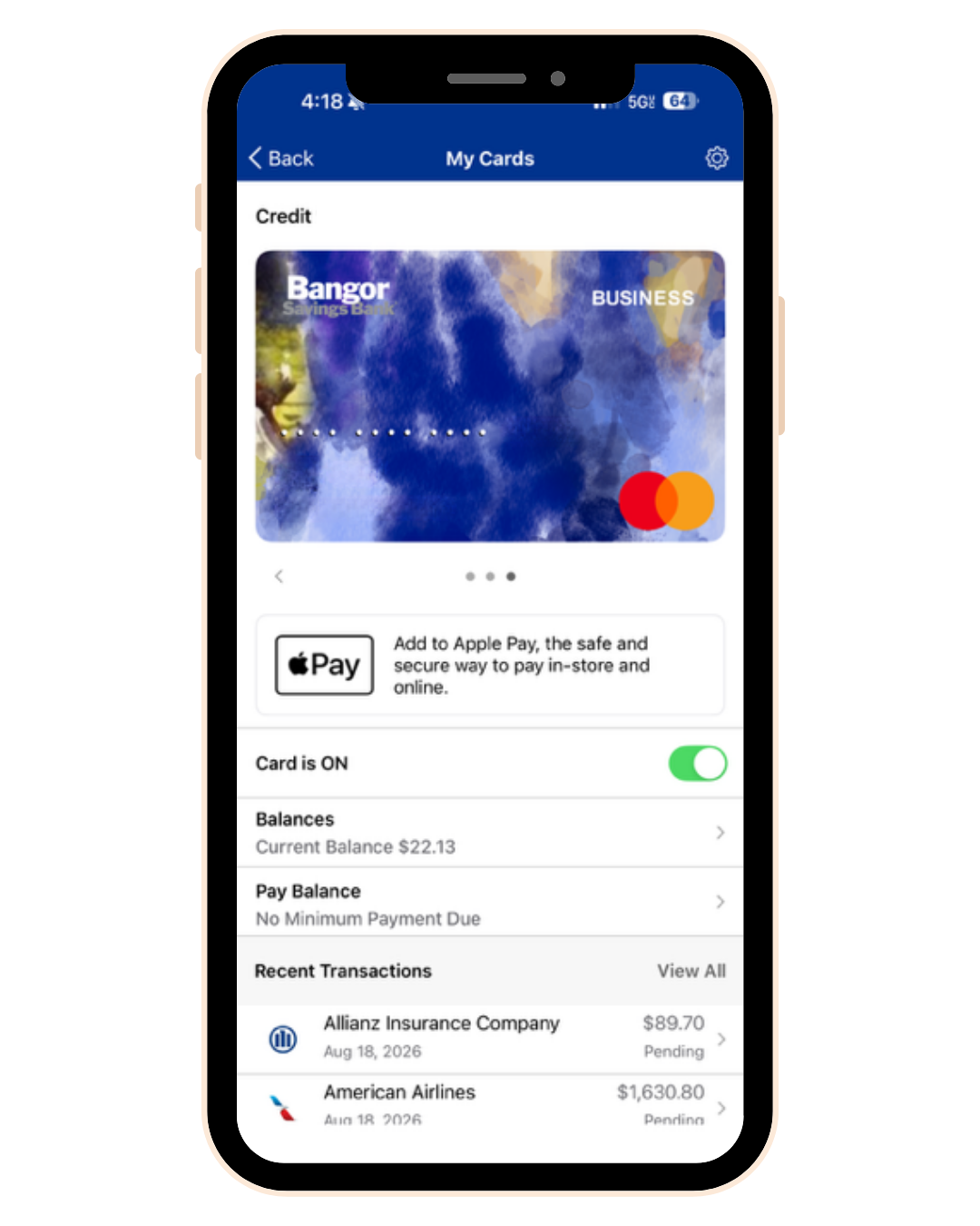 Bangor Savings Bank app Manage Cards