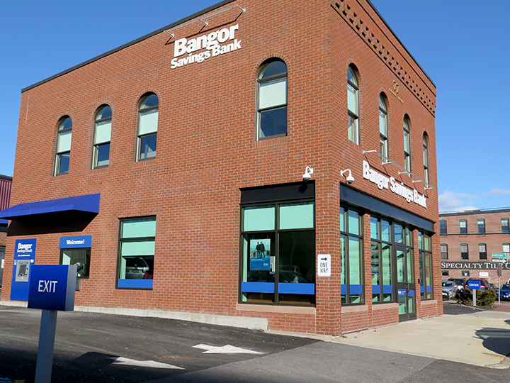 Bangor Savings Bank branch at 77 Middle Street in Portland, Maine, shown from the corner with brick exterior and ground‑floor windows