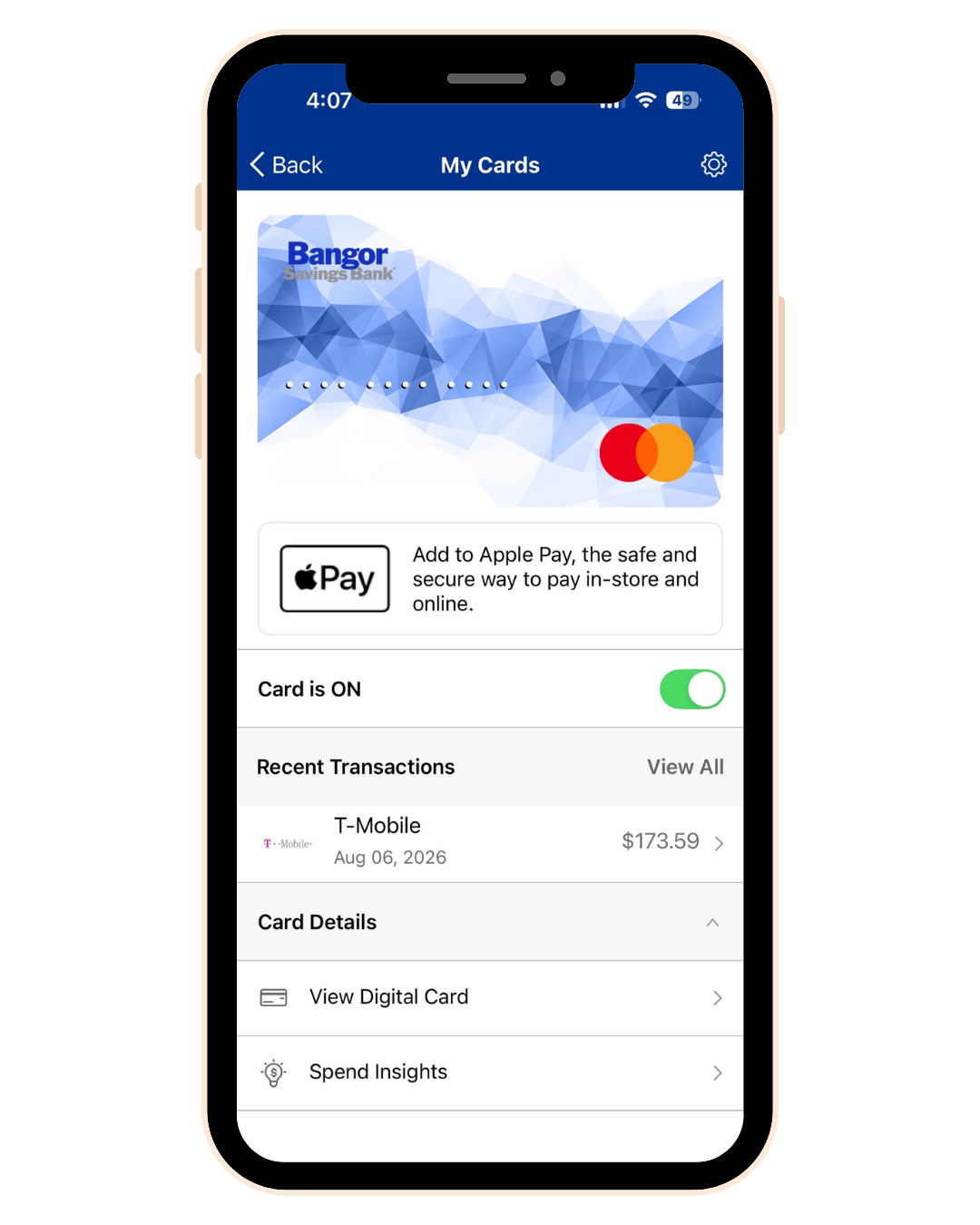 Bangor Savings Bank app Manage Cards