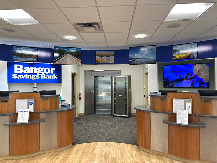 Teller stations and safe at the Millinocket, Maine branch