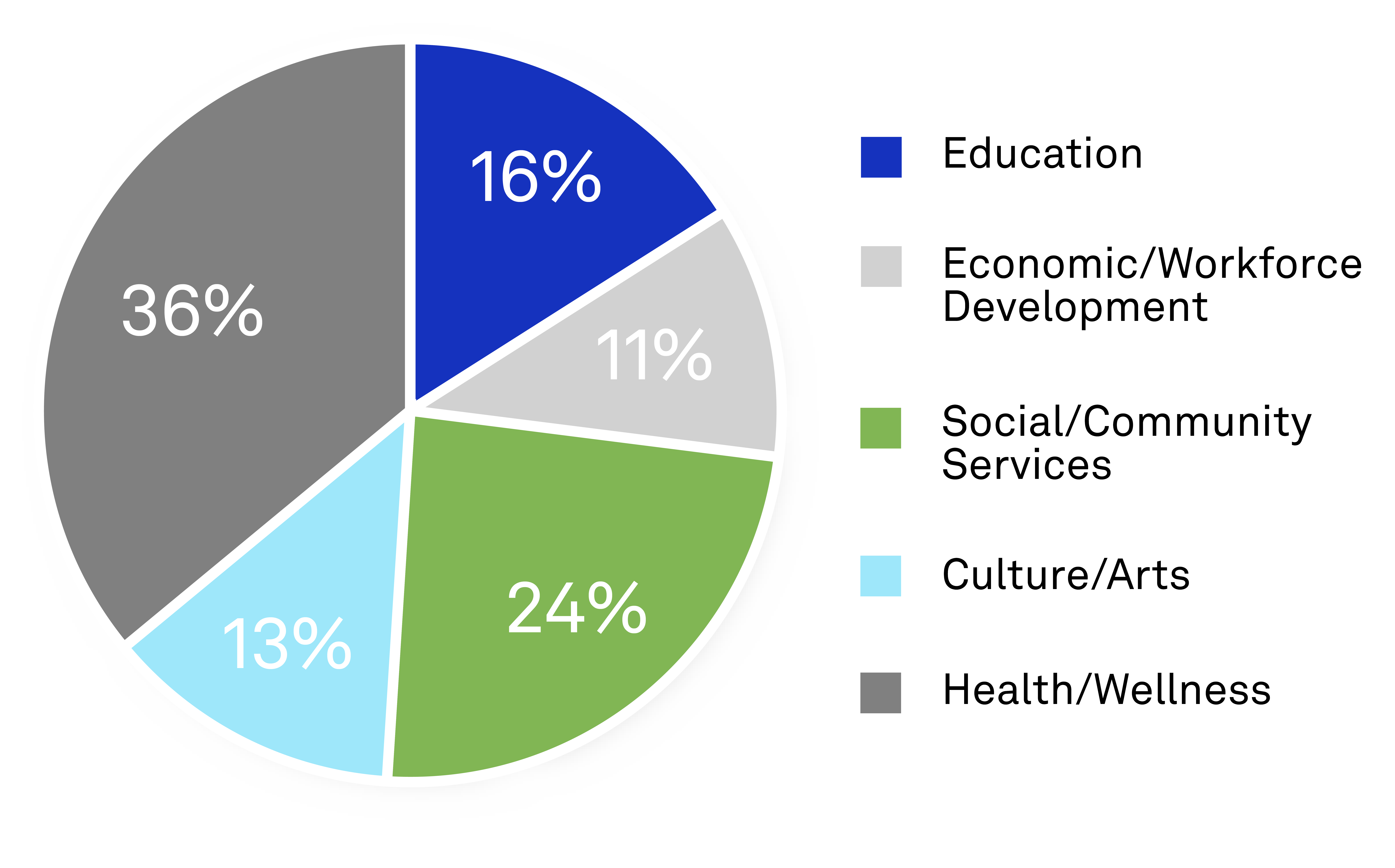16% Education; 11% Economic/Workforce Development; 24% Social/Community Services; 13% Culture/Arts; 36% Health/Wellness