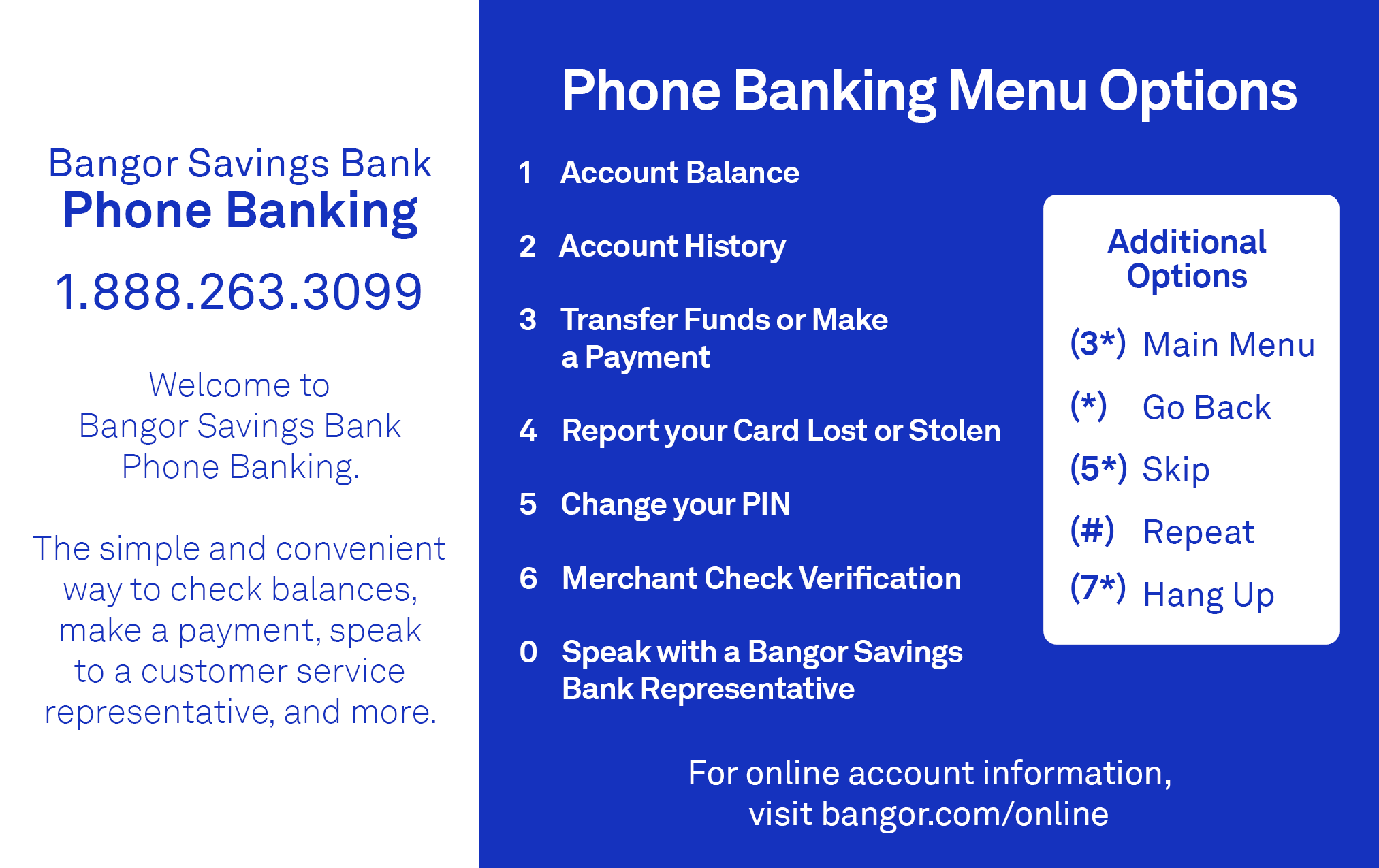 Phone Banking Menu Options
