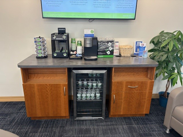 Refreshment stations in the waiting area of Bangor Savings Bank near Northgate plaza